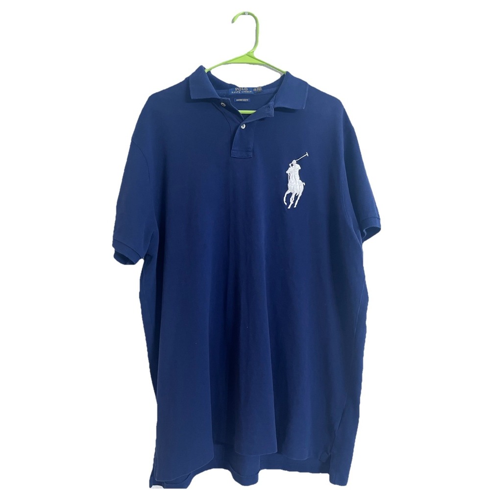 Ralph Lauren Big Pony Polo Shirt Mens XXL Custom Slim Fit Blue Rugby Short Slv